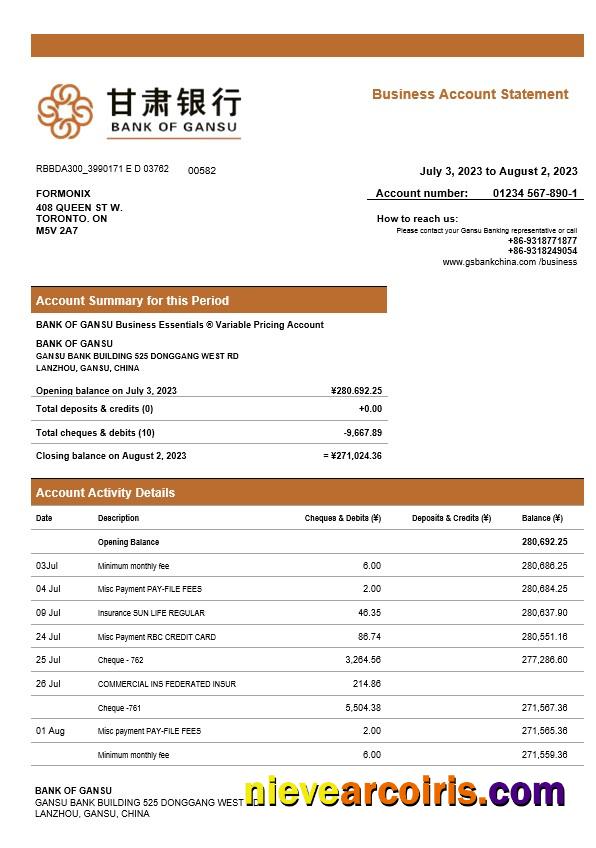 Bank of Gansu business checking account statement